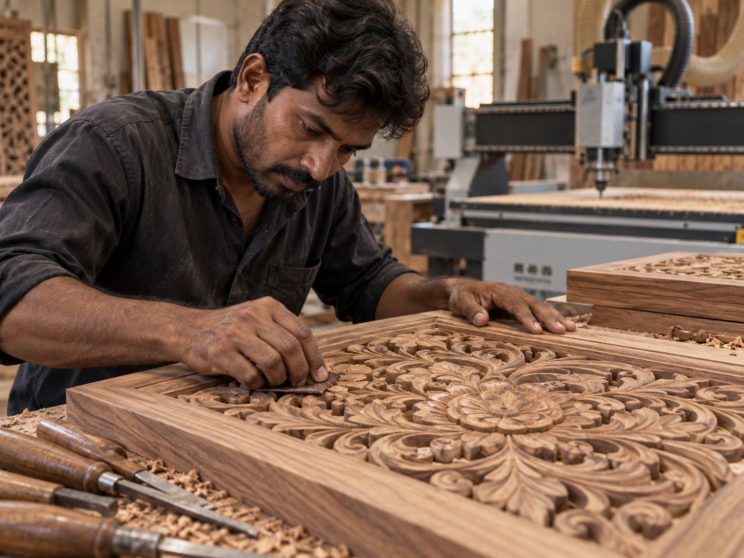 Skilled craftsman hand-finishing an intricate CNC-carved wooden panel